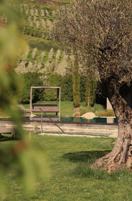 Letto a baldacchino in giardino accanto alla piscina infinity