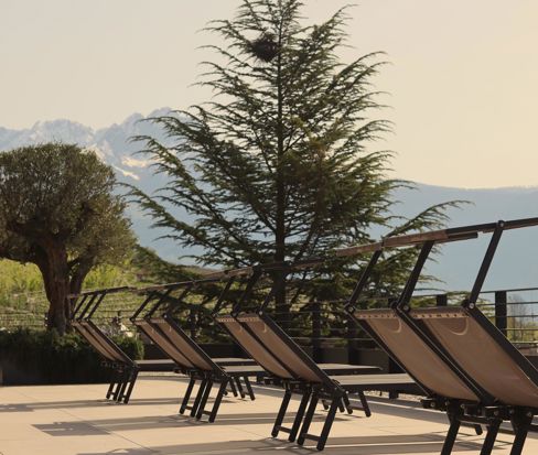 Sun loungers on the lawn with mountain views